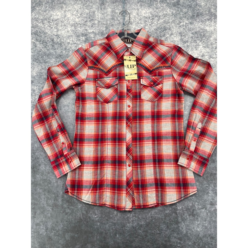 Cowgirl Up Plaid Western Shirt Womens S Red Orange NWT Embroidered Pearl Snap